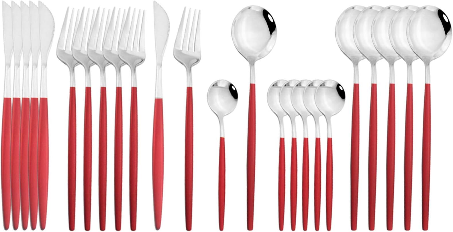 Flatware Serving Set 24 Piece, Stainless Steel Silverware Set, Red Silver Cutlery Set, Modern Elegant Tableware Set for Party, Christmas, Dinner (Red Silver)