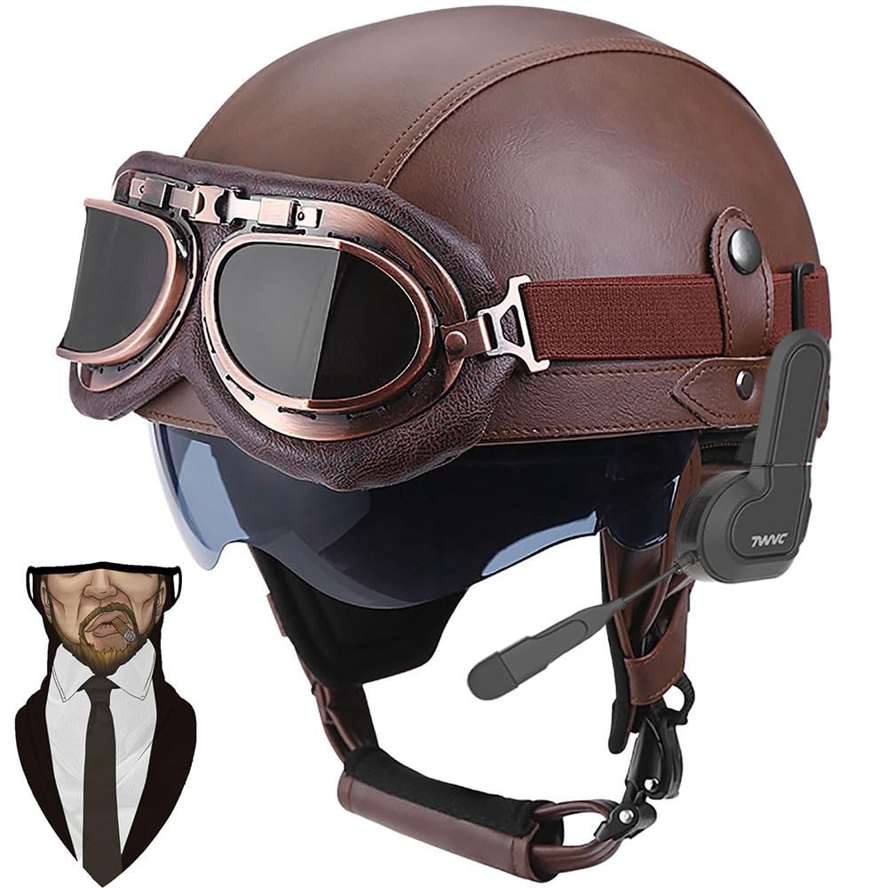 Bluetooth German Style Leather Motorcycle Half Face Helmet, DOT Approved Retro Open Face Helmet with Goggles Street Motorcycle Half Helmet for Cruiser Scooter Touring, Pilot Helmet
