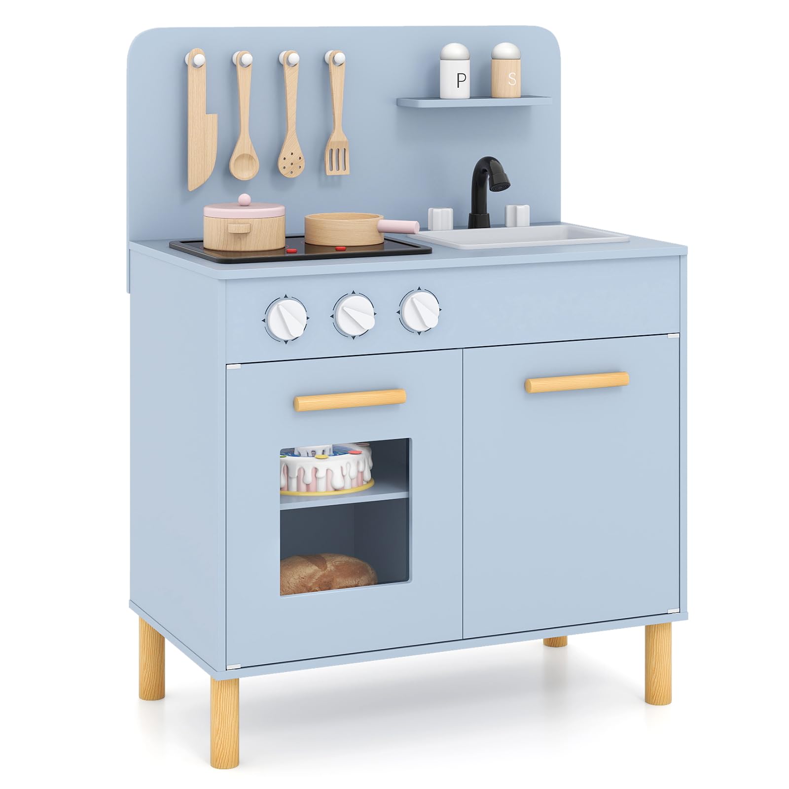 GYMAX Kids Play Kitchen, Wooden Toy Kitchen with Sound, Lights, Oven, Utensils, Sink & Faucet, Children Pretend Kitchen Role Playset for 3+ Years Old (Blue)