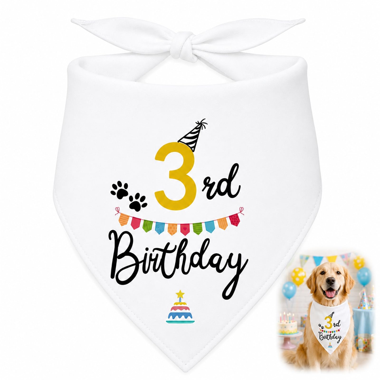 Dog 3rd Birthday Bandana - White Triangle Pet Scarf, Soft Breathable Fabric, Cute Printed Party Bib, Tie On Neckwear for Puppies Small Medium Large Dogs, Photo Celebration Accessory