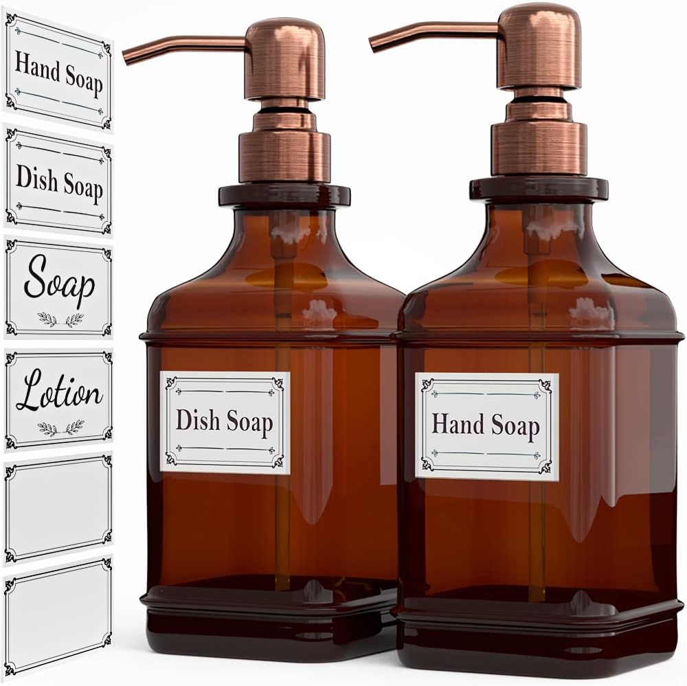 GLADPURE Soap Dispenser 2 Pack, Hand Soap Dispensers with 18 Oz Antique Design Thick Amber Glass Bottle, 316 Rust Proof Stainless Steel Pump, 6Pcs Stickers, for Lotion, Soap - Brushed Copper