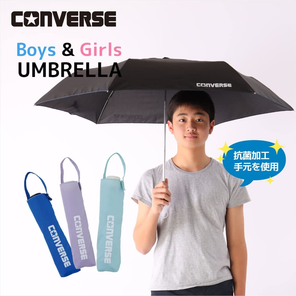Ogawa 20284 Parapluie pliable pour enfant Ouverture à la main 6 baleines Bleu Converse Uni Logo One Point Poignée antibactérienne Imperméable Bleu 55 cm, bleu, 55cm