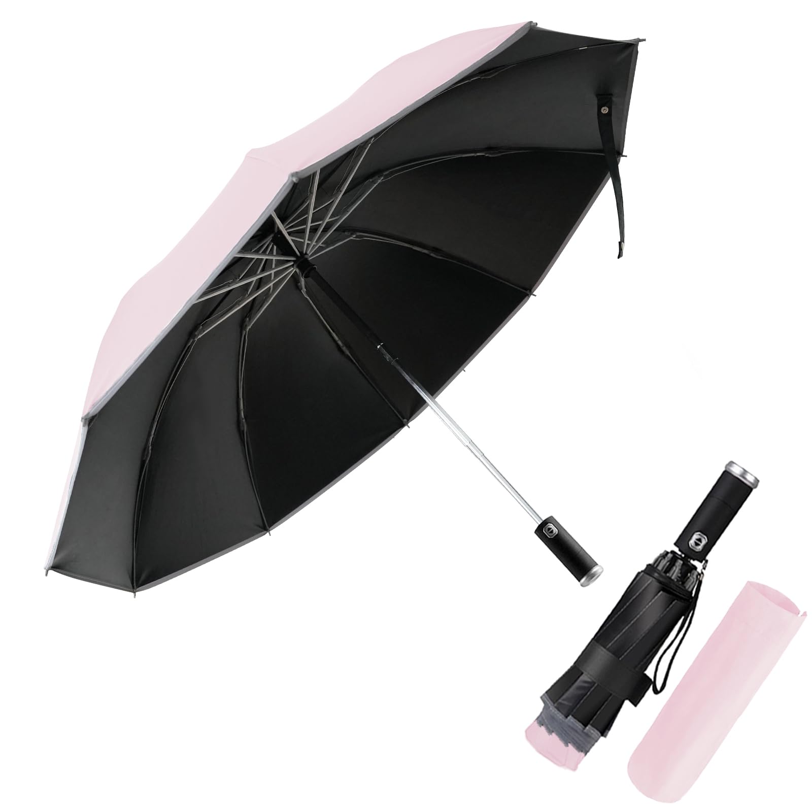Pioggistar Men's Pink Windproof Folding Umbrella, Automatic Reverse Umbrella, Large Rain Umbrella, 10 Reinforced Ribs For And Wo, With Torch, Diameter 105 Cm,