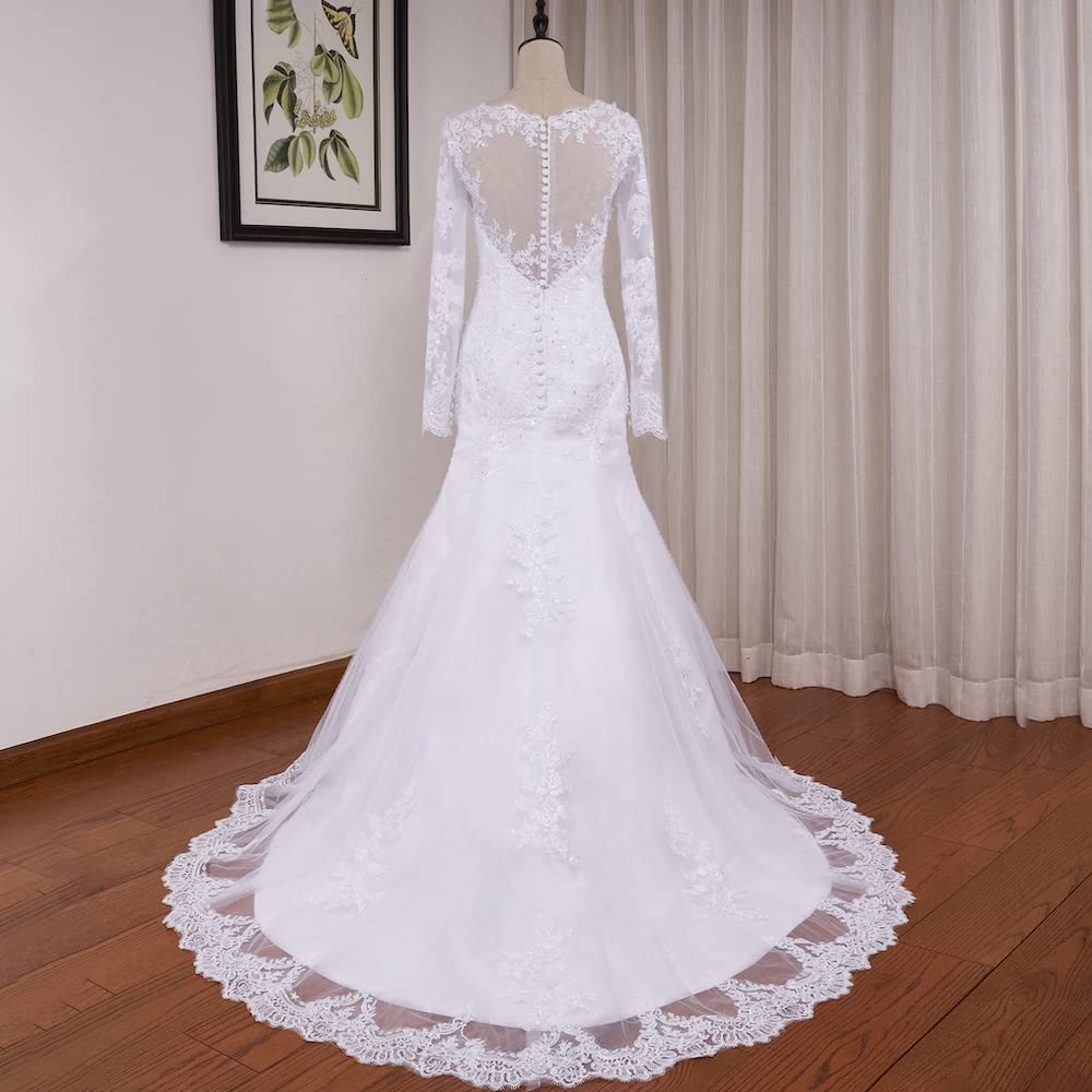 Abito da Sposa Sirena Perline Pizzo Scollo Rotondo Manica Lunga Grand Vestito da Sposa Lungo Treno Me-0325
