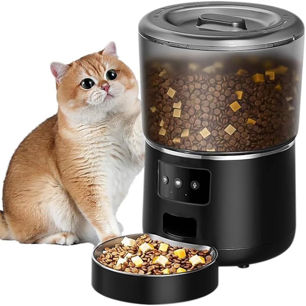 DMG TECH Cat Feeder Automatic, 4L/17 Cups Timed Dry Food Dispenser for Cats and Dogs, with Voice Recorder, WiFi Cat Feeder, 1-6 Meals Per Day, Dual Power Supply