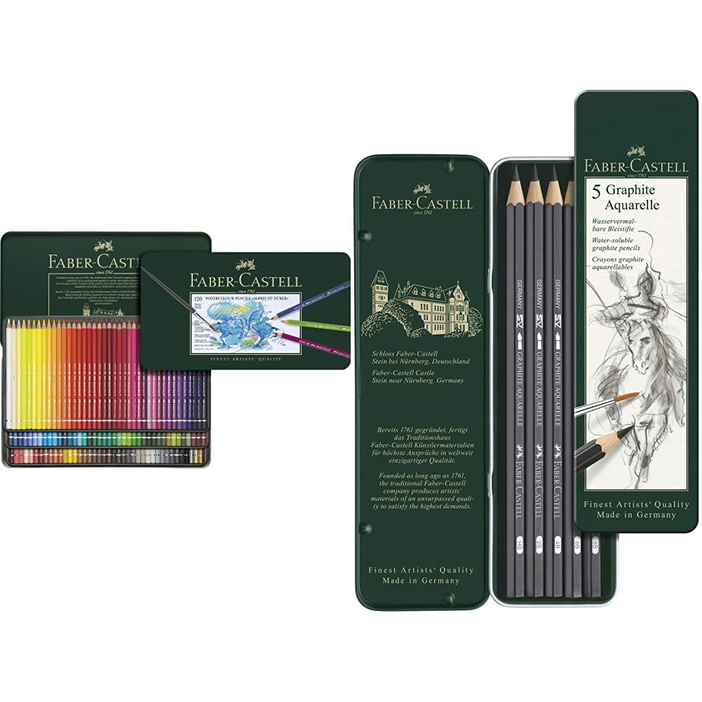 Faber-Castell 117511 - Aquarellstift Albrecht Dürer 120er Metalletui & 117805-5 Aquarellbleistifte GRAPHITE AQUARELLE, Inhalt: HB, 2B, 4B, 6B, 8B,