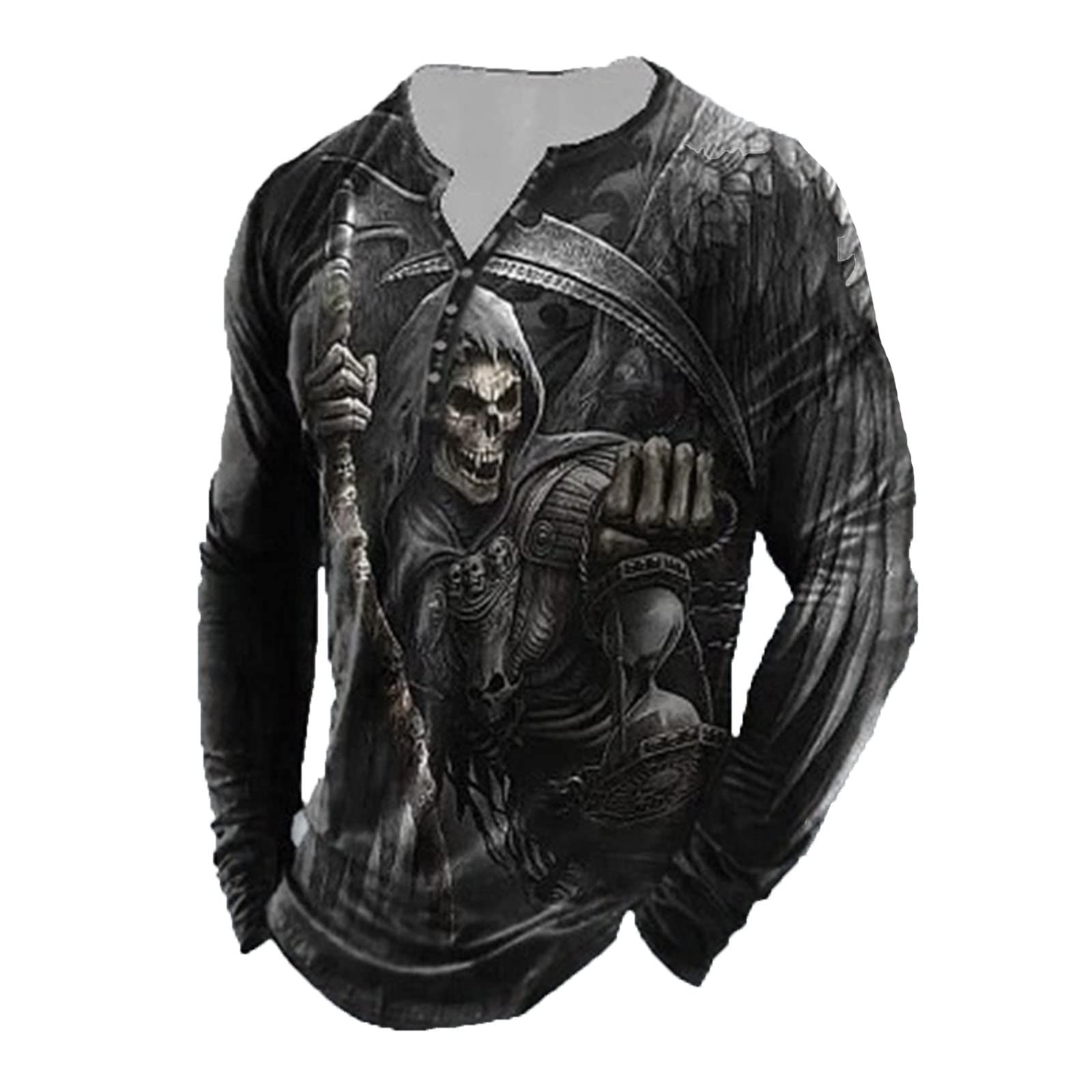 keephen Men's Skull Graphic Print T-Shirt Retro V-Neck Long Sleeve Henley Shirts Gothic Button Down Vintage Tops