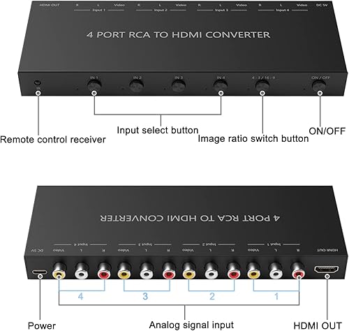 Miniatura 2 de RuiPuo Convertidor AV a HDMI de 4 puertos, conmutador AV a HDMI de 4 puertos con control remoto IR, compatible con 16943 y interruptor rápido