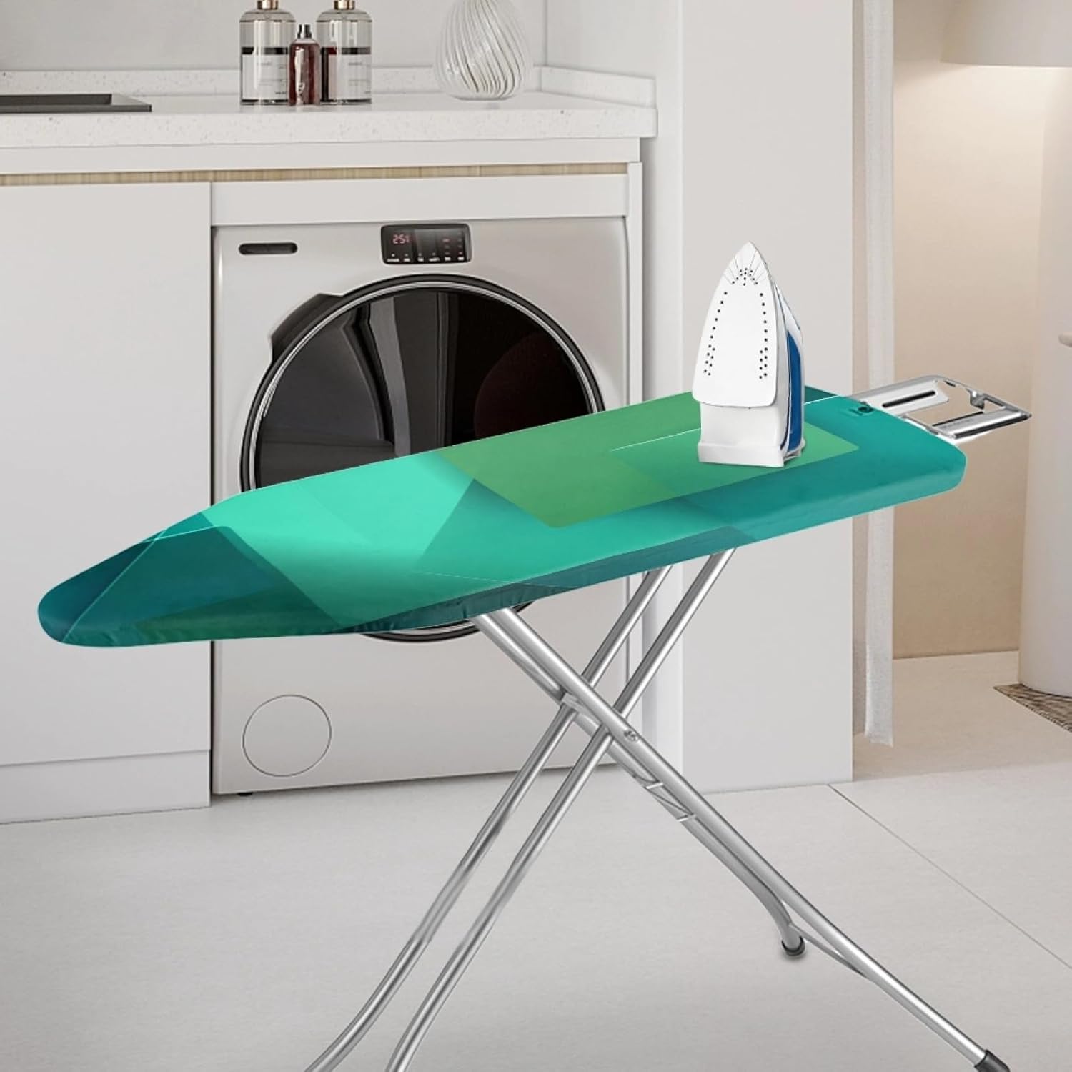 Large Ironing Board Cover and Pad 59x19 Curved Shape Green Iron Table Cover with Padding,Extra Wide,Resist Scorching and Staining,Heatproof,Adjustable Fastener Durable Stain