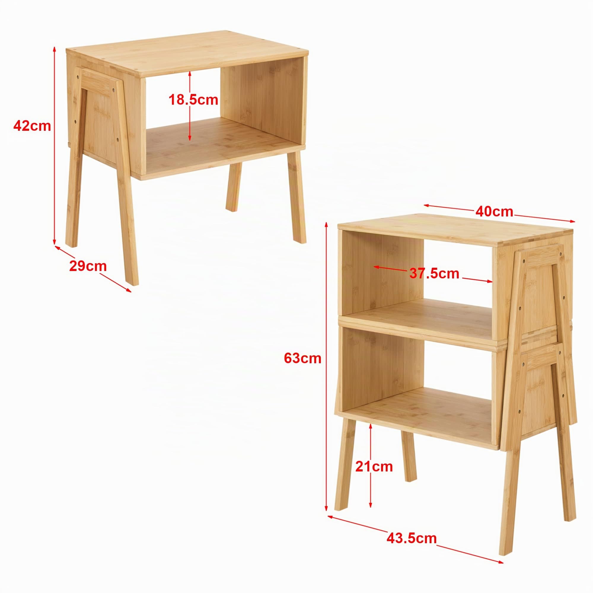 [en.casa] Lot de 2 Tables de Nuit Empilables Set de Table d'Appoint Ensemble de Chevet avec Etagères Petit Rangement pour Chambre Bambou 42 x 44 x 29 cm Naturel