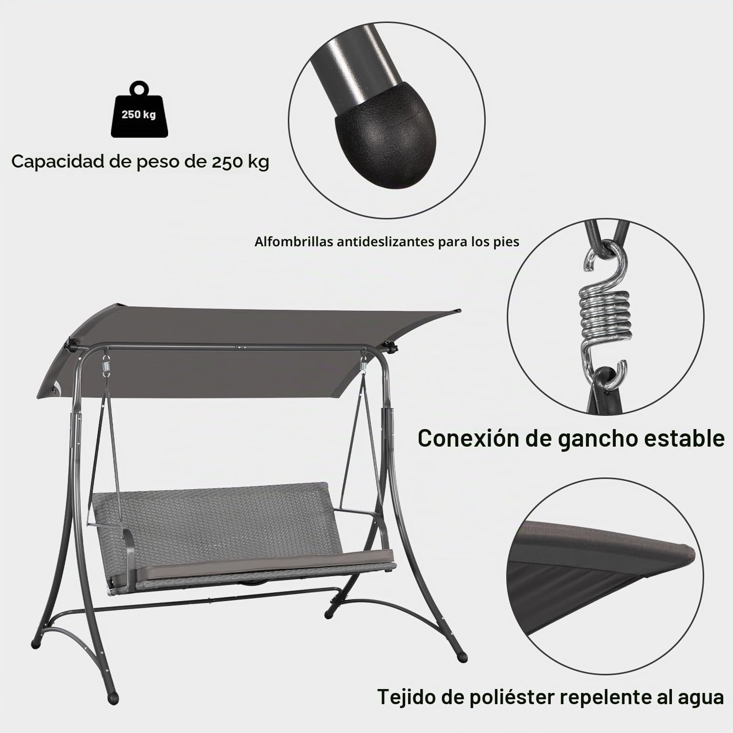 Angel Living Columpio con 3 Asientos de Jardín 159T, Balancín con 3 Plazas con un Techo y la Silla de Ratán Tejido, 170x110x153cm (Gris)
