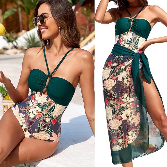 Image of AARAM Stylish Premium Women's One Piece Swimsuit with Cover Ups Wrap Skirt Sarong Retro Floral Print Monokini Tummy Control Swimwear, Printed Swimming Costume for Women Beach Wear