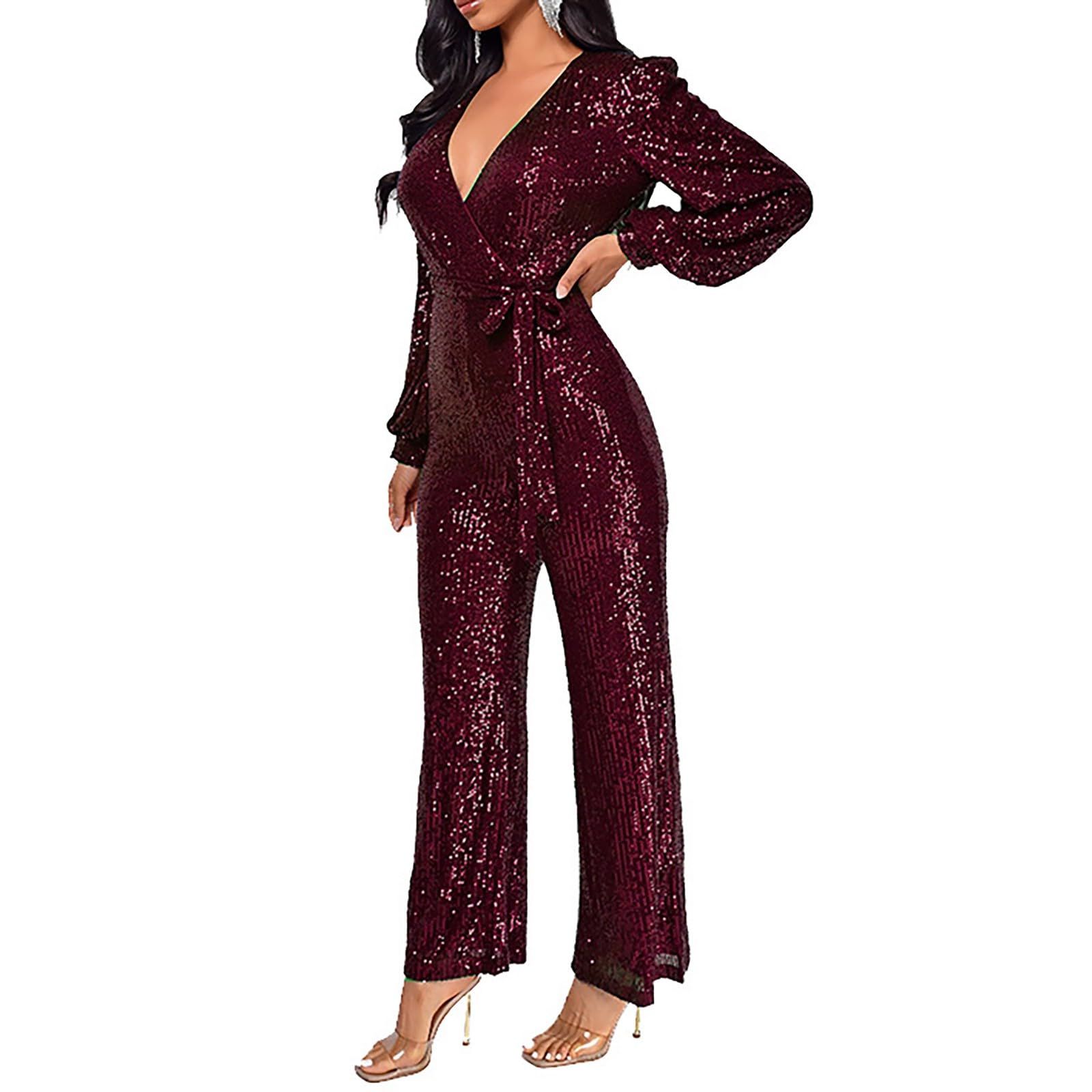 Combinaison à paillettes pour femme - Paillettes brillantes - Col en V - Manches longues - Barboteuse droite et large - Pantalon long, bordeaux, S
