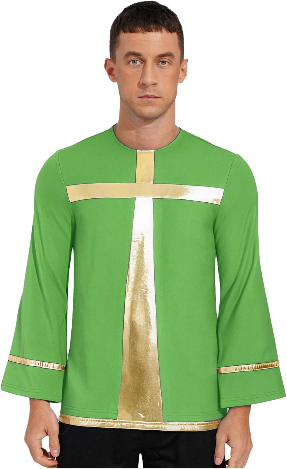 TiaoBug Mens Worship Dance Top Metallic Cross Long Sleeve Praise Pullover Tunic Shirt