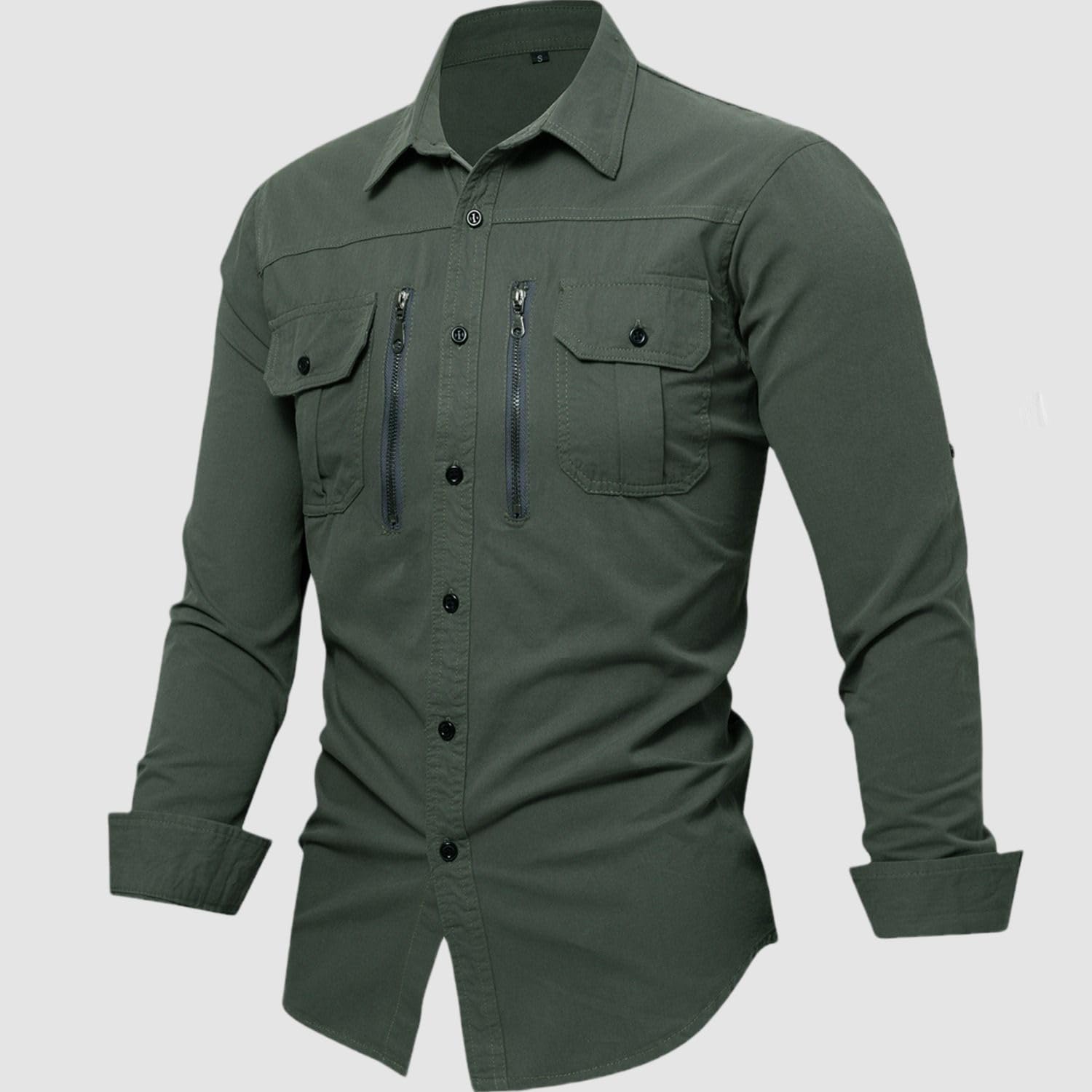 Camicia da lavoro da uomo in cotone a maniche lunghe con tasca con cerniera per l'uso quotidiano