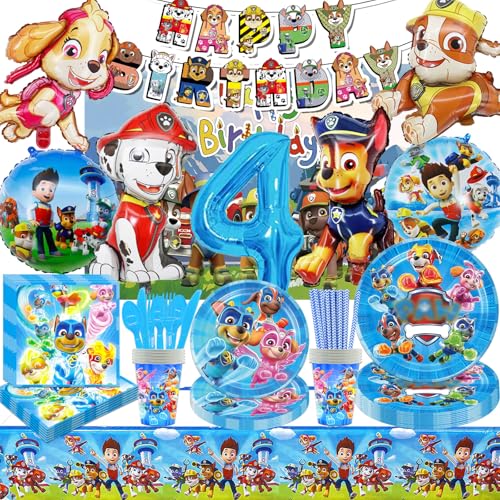 HTTMTTS 100 peças para balões Patrul Perr Canina aniversário 4 anos, ornamentos para festas , patrul Perr canina faixa com tema pratos guardanapo palha fundo (4 anos aniversário do cão)
