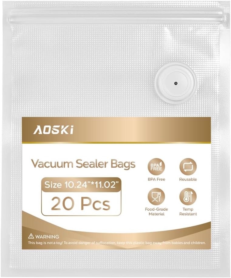 Reusable Vacuum Sealer Bags for Food: 20Pcs (10.24 * 11.02in) BPA-Free Vacuum Seal Bags & 5 Seal Clips, Plastic Clear Freezer Safe Vacuum Food Storage Bags, Microwaveable Zipper Bags for Kitchen