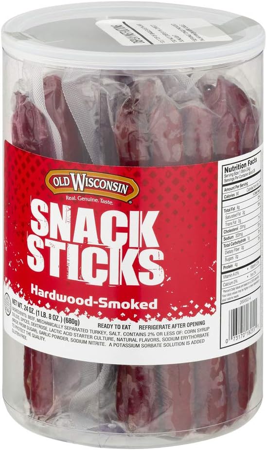 Old Wisconsin Beef Sausage Snack Sticks, Naturally Smoked, Ready to Eat, High Protein, Low Carb, Keto, Gluten Free, 24 Ounce Jar