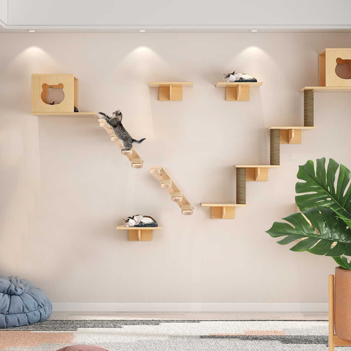 Estantes de Escalada YOPEUC para Gatos, Hecho de Madera de Caucho con Rascador de Yute y Escalera de Madera Cuerda Sisal para Trepadores