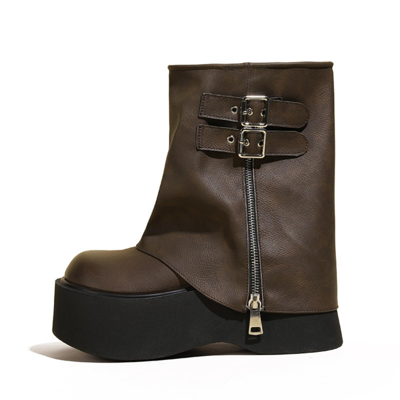 Womens Platform Flip Top Riding Mid-Calf Boots - Leather Laced Closure Square Toe Thick Soled Shoes Ankle Length