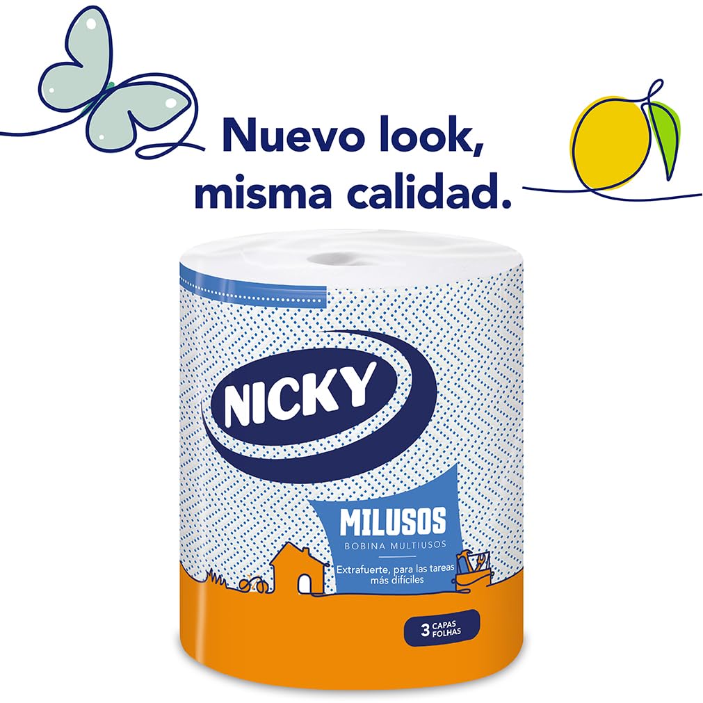 Nicky Miluss - Carta da cucina extra forte, confezione da 6 rotoli, 340 fogli a 3 strati per rotolo, carta super assorbente ed extra forte, imballaggio riciclabile, cellulosa pura al 100% certificata