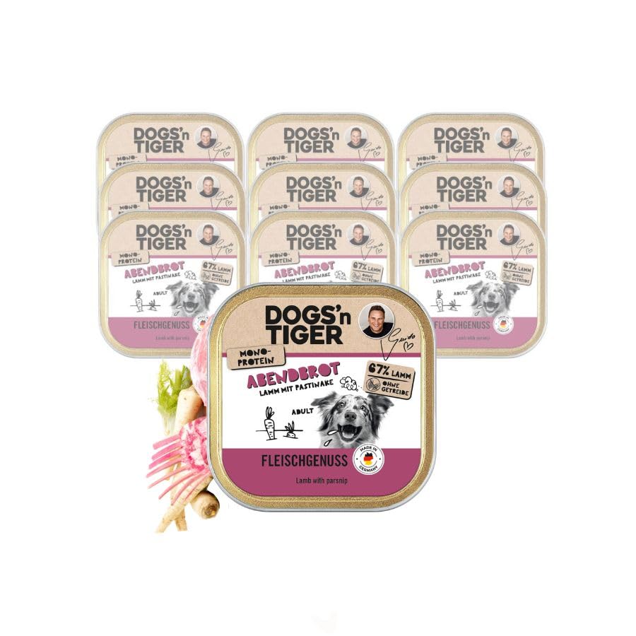 Dogs'n Tiger - Ciotola di cibo umido per cani adulti, agnello con pastinaca, 67% di carne, senza cereali, senza zucchero aggiunto e conservanti artificiali, monoproteina – 10 × 150 g