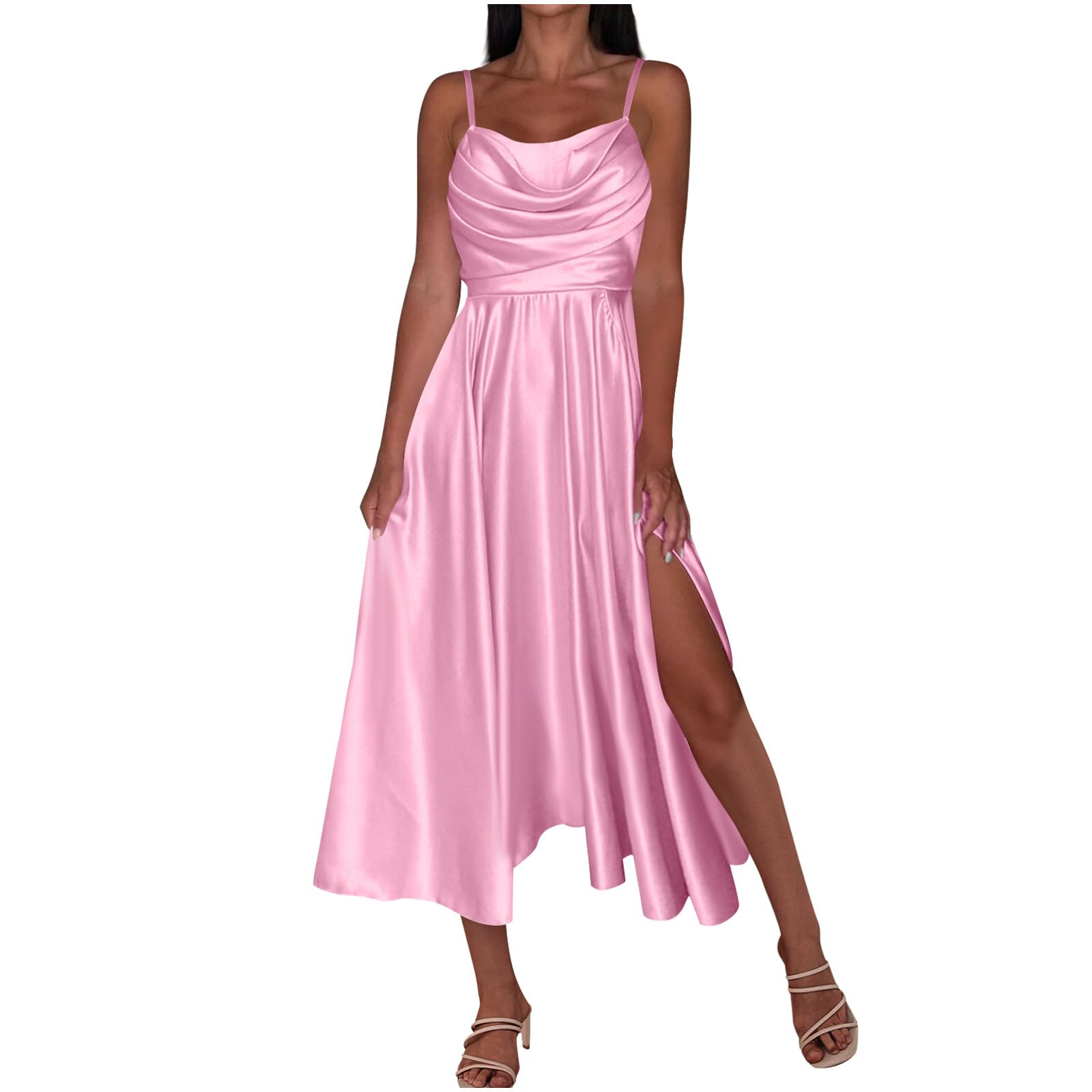 Womens Satin Dresses Sexy Backless Pleated V Neck Sleeveless Spaghetti Strap Split Ruched Flowy Party Midi Dress