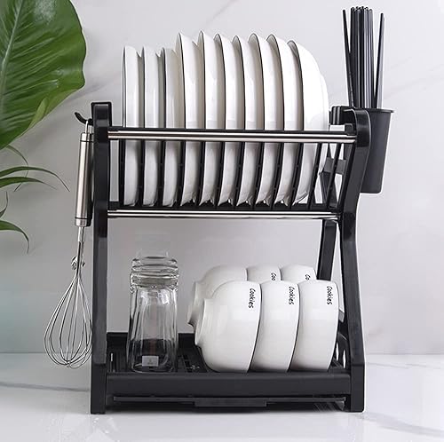 Miniatura 5 de Escurridor de platos fácil de limpiar, escurridor de platos de 2 niveles con escurridor, organizador de platos de cocina, escurridor de platos con
