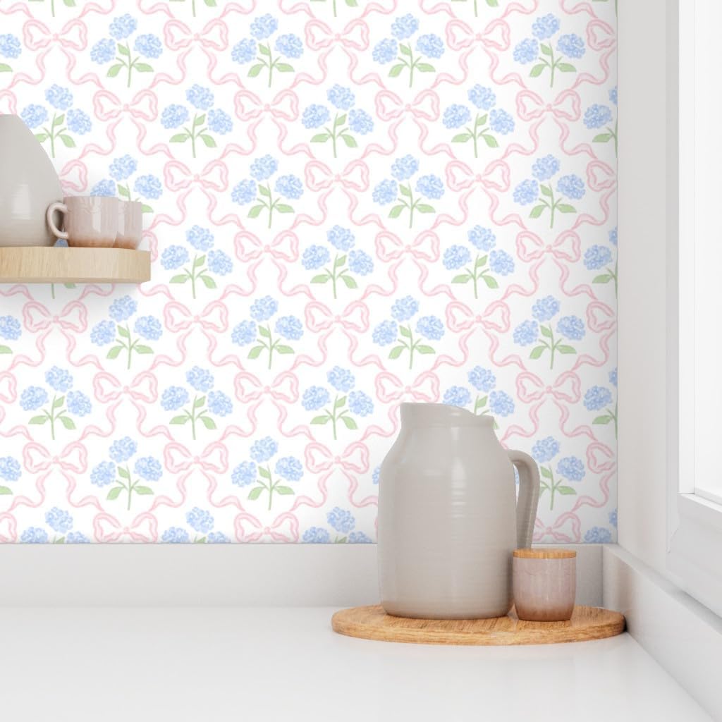 Spoonflower Peel & Stick Wallpaper 3ft x 2ft - Preppy Bow Floral Delicate Pastel Flowers Feminine Traditional Easter Hydrangea Blue Pink White Custom Removable Wallpaper