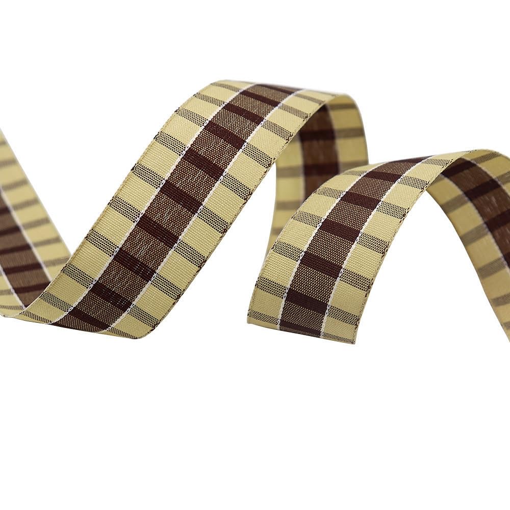 Tartan Ribbon, 25mm x 9M Black Watch for Christmas Valentine's Day Scene Decoration(Yellow Brown)