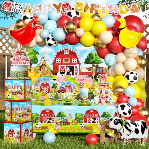 Fexivo 289pcs Farm Birthday Decorations All-in-one Farm Animal themed Set for 25 Guests with Balloon Arch Banner Backdrop Cupcake Stand Thick Plates Tablecloths Cake Topper and Cupcake Toppers