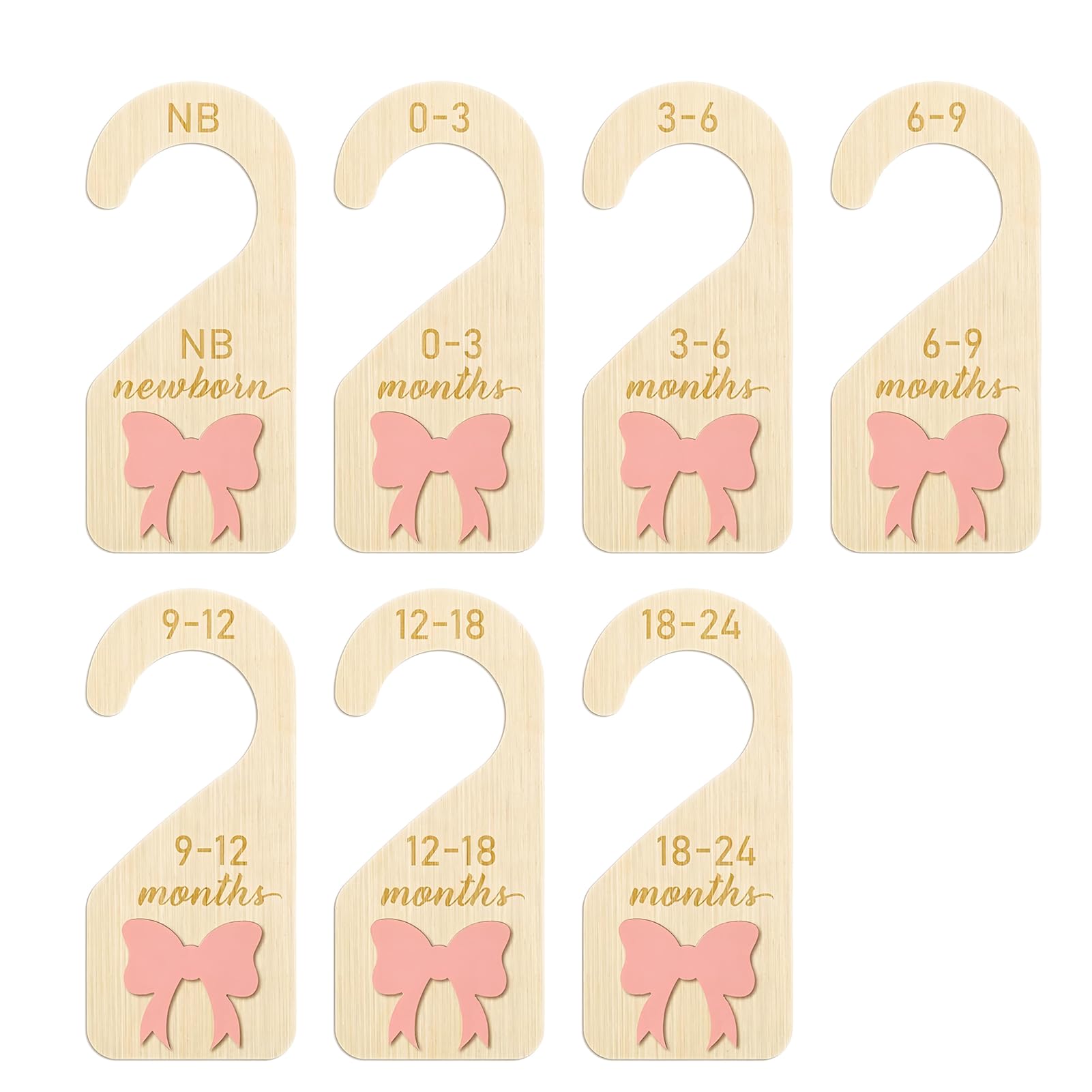 7 Pcs Wooden Baby Wardrobe Dividers, Double Sided with 3D Pink Bow Design, Infant Age Hanger Dividers from Newborn to 24 Months, Wardrobe Dividers for Baby Clothes Nursery Decor with Storage Bag