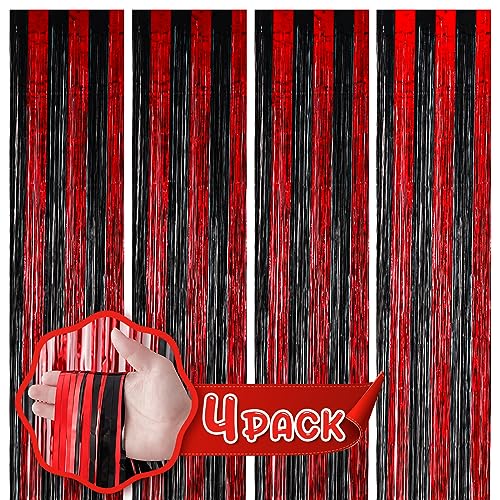 Image of Voircoloria 4 Pack 3.3x8.2 Feet Red and Black Foil Fringe Backdrop Curtains, Tinsel Streamers Fringe Backdrop for Strangers, Halloween Theme Party Decorations
