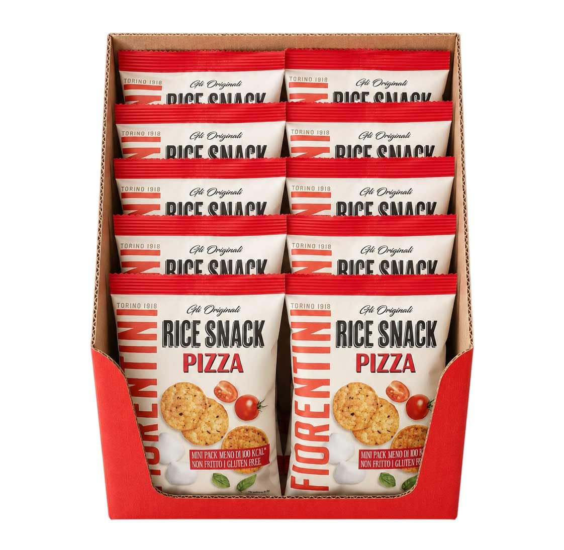 Rice Snack Pizza Mini Pack 20g per Fiorentini, Box con 12 Confezioni da 20g, Snack di Riso Croccanti Gusto Pizza, Senza Glutine, Non Fritti, Monoporzione per Aperitivo e Pausa Snack