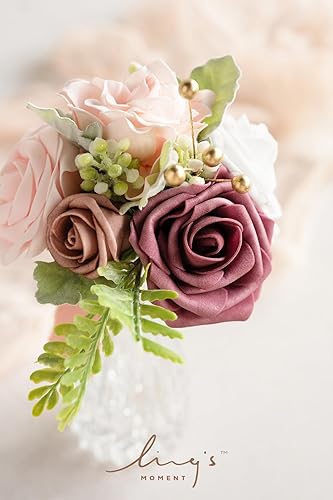 Miniatura 6 de Ling's Moment Juego de 6 miniramos de dama de honor prefabricados con flores pequeñas, para centros de mesa de boda, blanco y beige