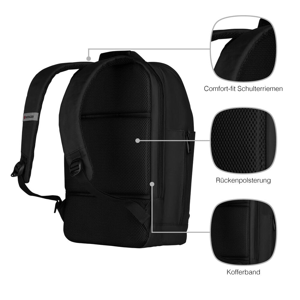 WENGER Reload 16 Laptop-Rucksack mit Tabletfach, Notebook bis 16 Zoll, Tablet bis 10 Zoll, Organizer, 16 l, Damen Herren, Büro Business-Reisen Uni, Schwarz, 601070