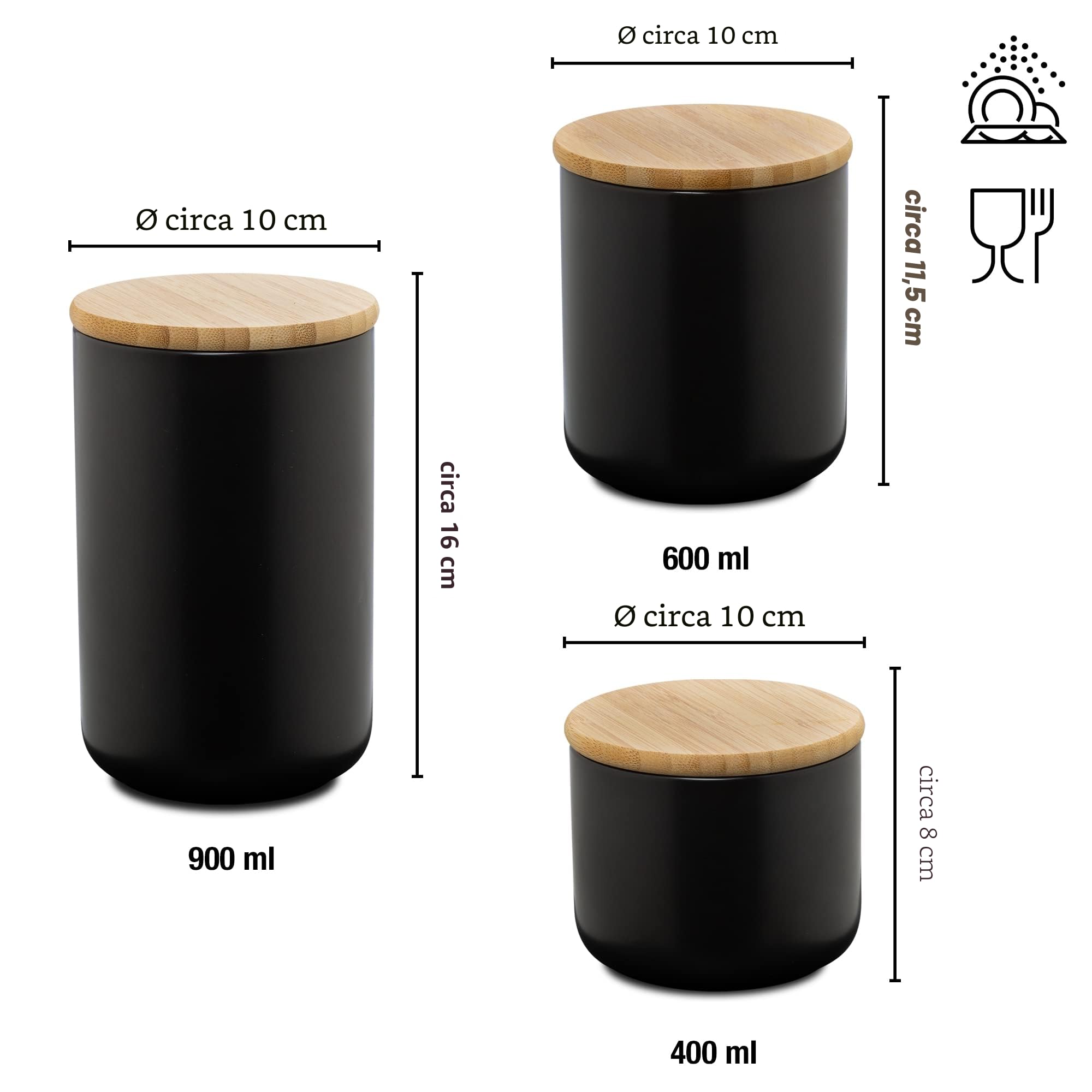 Moritz & Moritz barattoli cucina nero 400-900 ml - Scrivibile - 3x Barattolo ceramica con coperchio in bambù - Barattolo con coperchio per farina, caffè, muesli o utensili da bagno