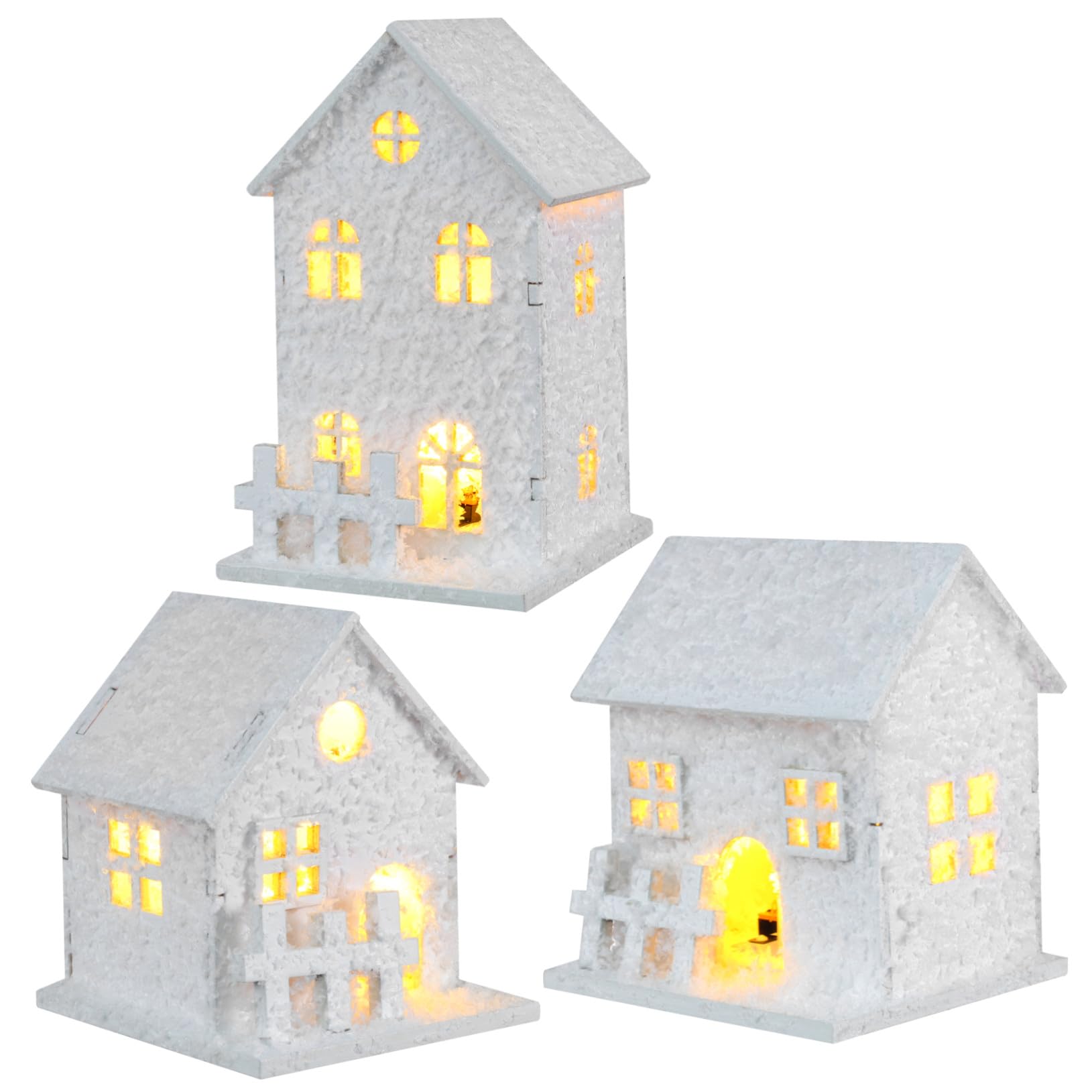 Casitas de madera navideñas con acabado rústico y luz romántica Gatuida para estantería