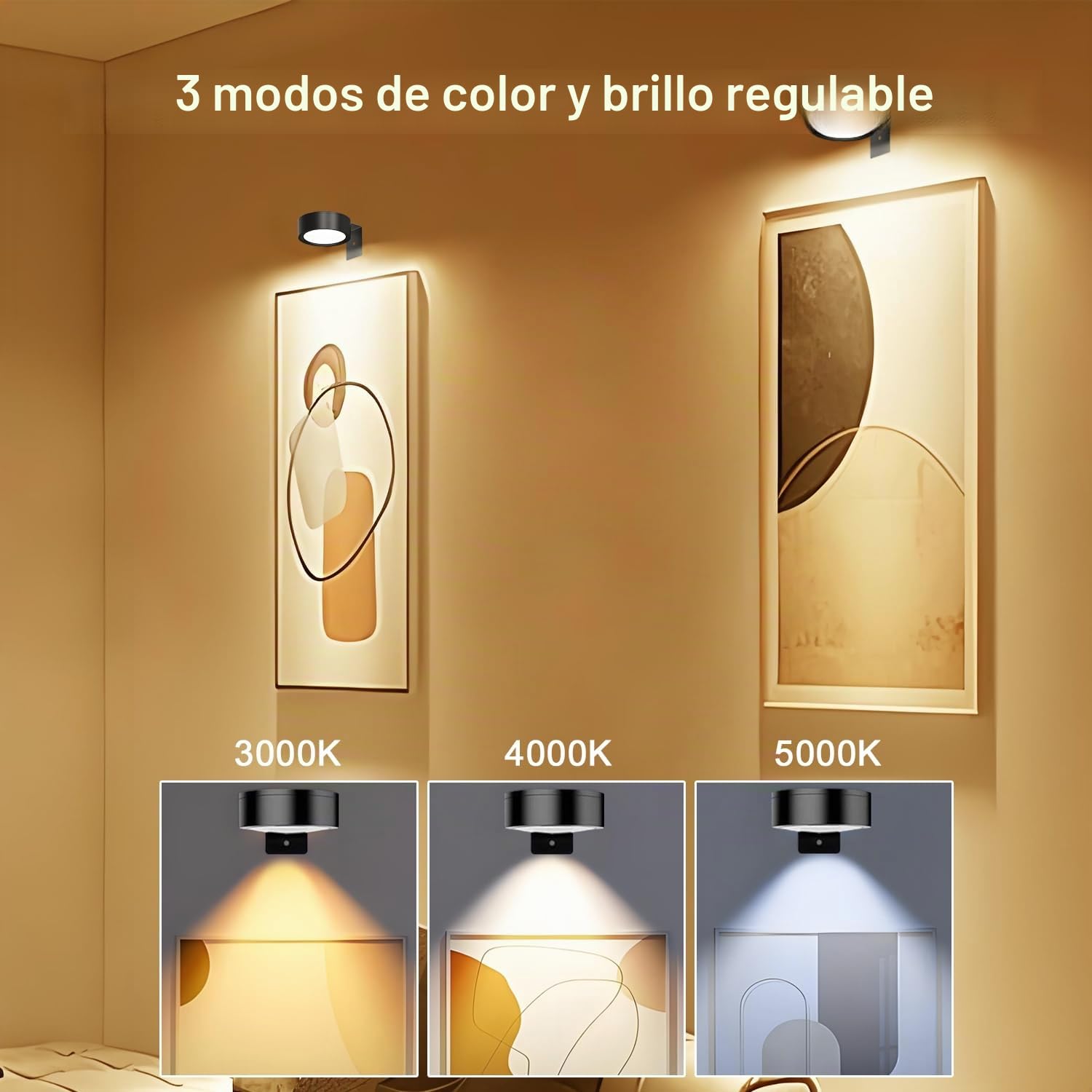 Lampara de Pared Sin Cable,3 Piezas Luz Cuadros Inalambrica con Mando a Distancia,Recargable Lamparas Pared sin Cable,3 Temperaturas de Color,Luz de Pared Regulable para Pinturas,Marco(Negro)