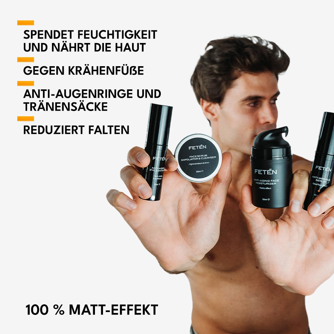 FETEN 360 Gesichtspflege Set für Männer – Männer Geschenkset 4-in-1 mit Gesichtspeeling, Anti-Falten Serum mit Vitamin C, Feuchtigkeitscreme & Augencreme gegen Augenringe