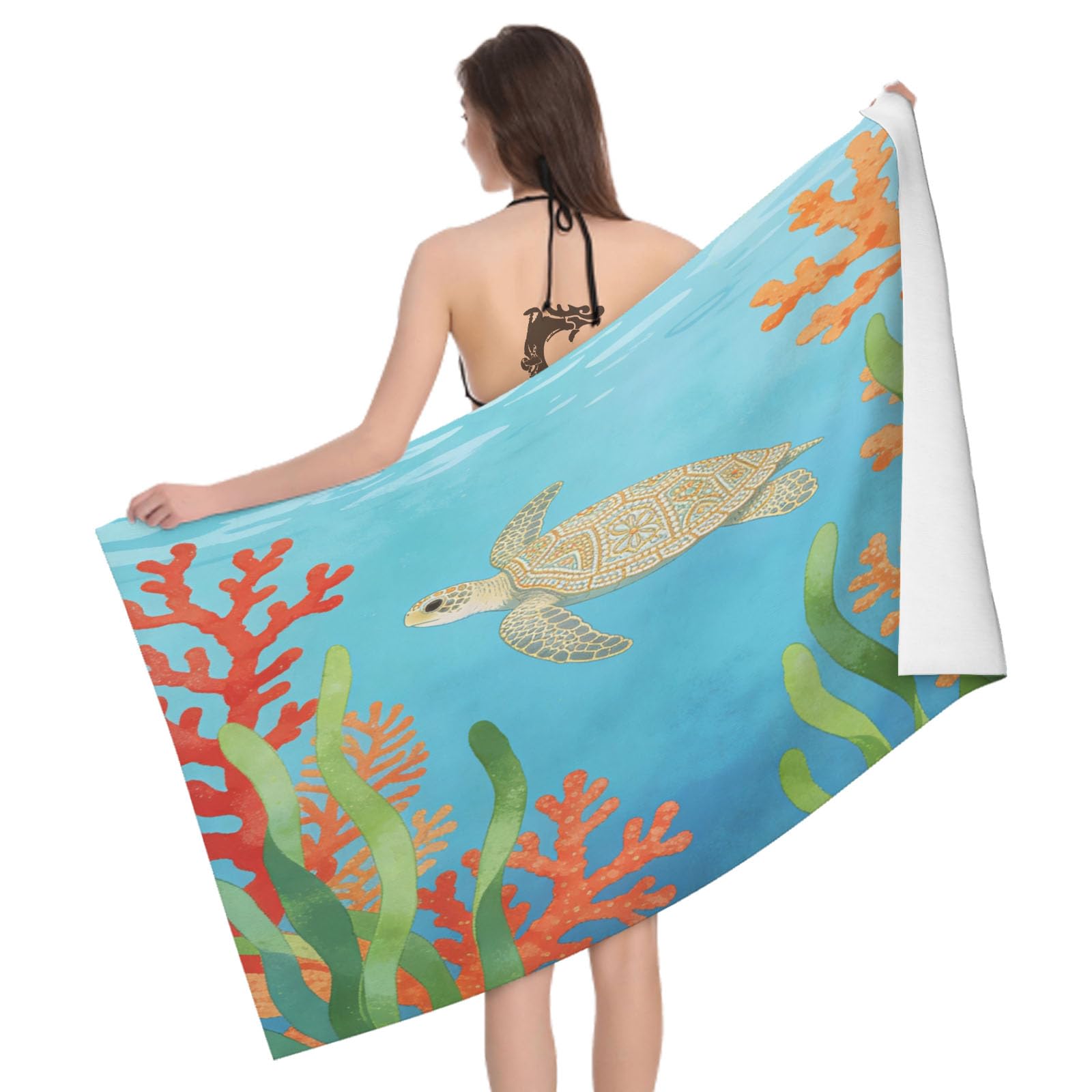 Leichong 3D Sea Turtle Illustration Beach Towel Microfiber Soft Quick Dry for Adults, Coral Bath Towel Lightweight Soft Absorbent for Travel Swimming Pool Sports, 75 x 150 cm