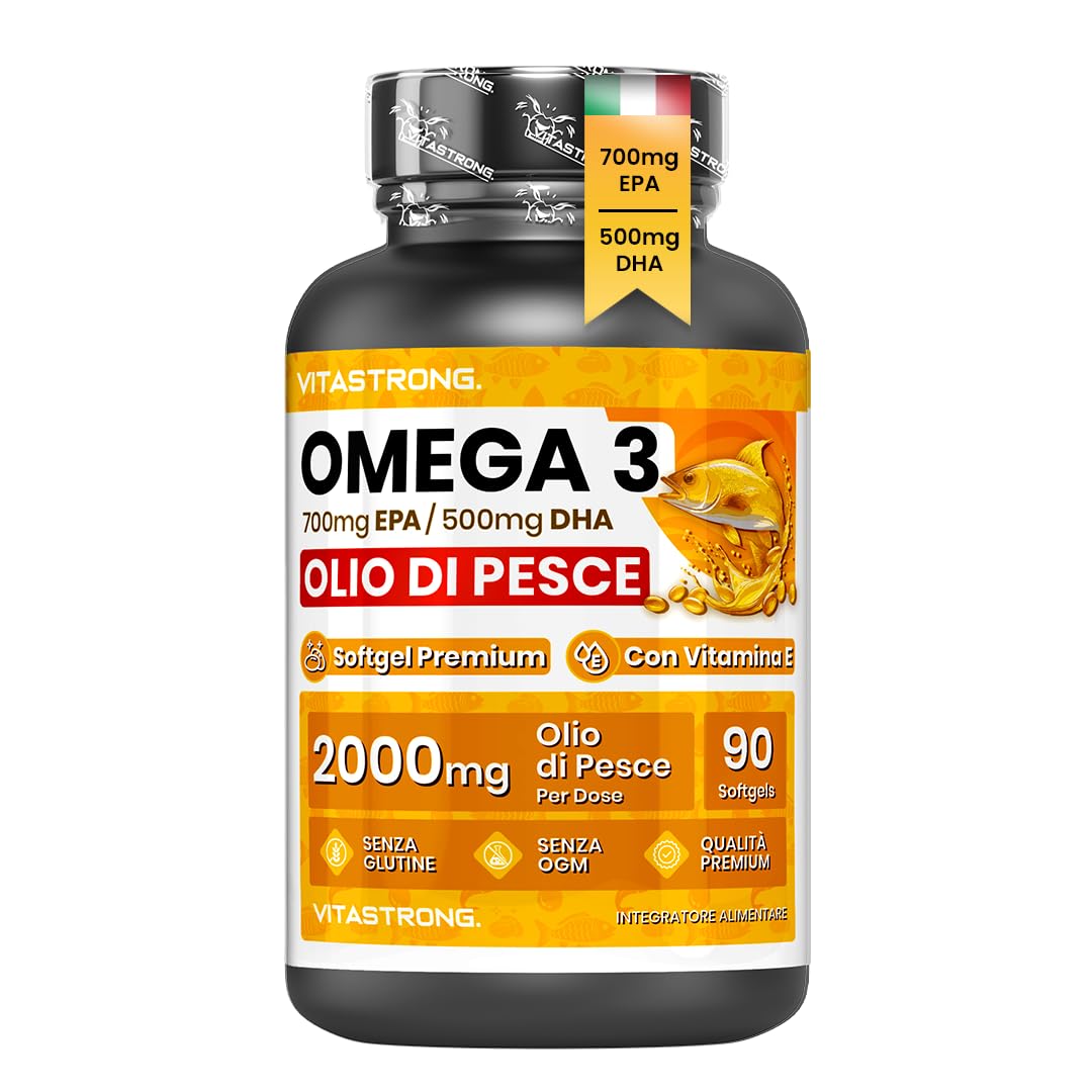 Omega 3 Olio di Pesce 2000mg Alto Dosaggio e Vitamina E, 700mg EPA 500mg DHA, Senza Retrogusto, Omega3 Olio di Pesce (Fish Oil), Alta Concentrazione, Integratore Omega - 3 Puro Cuore, Vista, Cervello