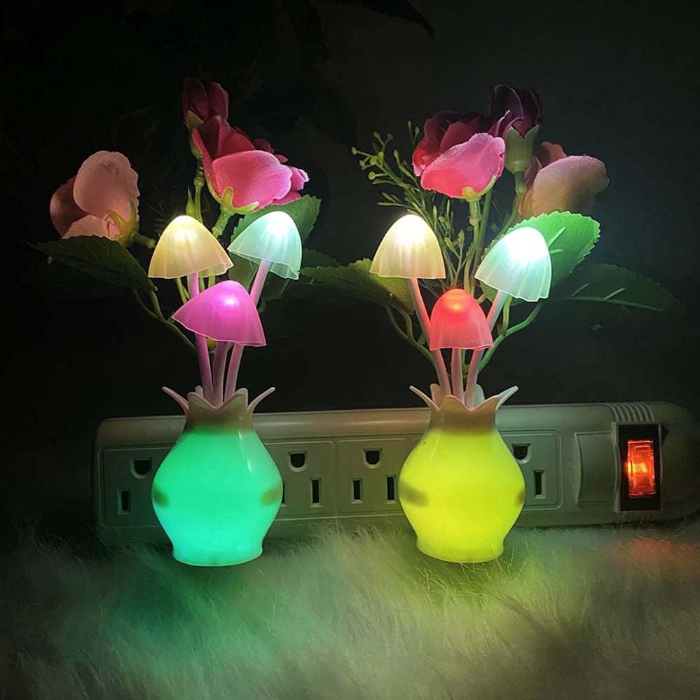 [2 Pack] UTLK Plug-in Rose Flower LED Mushroom Night Light Lamp with Dusk to Dawn Sensor 7 Color Change NightLight for Kids Adults, Bedroom, Bathroom, Kitchen, Hallway, Stairs (Flower B)
