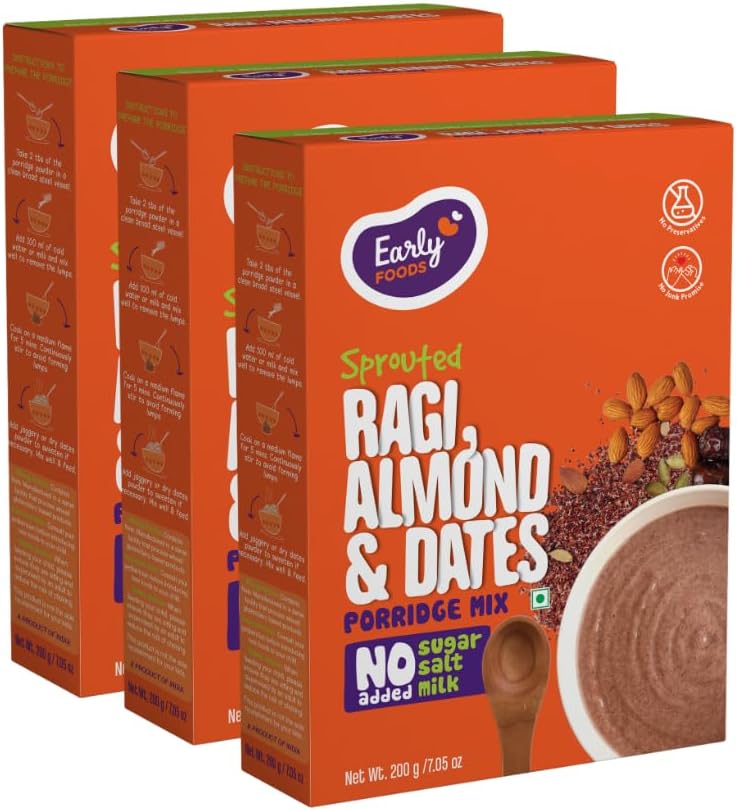 Early Foods - Pack of 3 - Sprouted Ragi Almond & Date Porridge Mix 200g X 3|Vegan|Sprouted ragi powder|Ragi Malt| Cereals For Kids