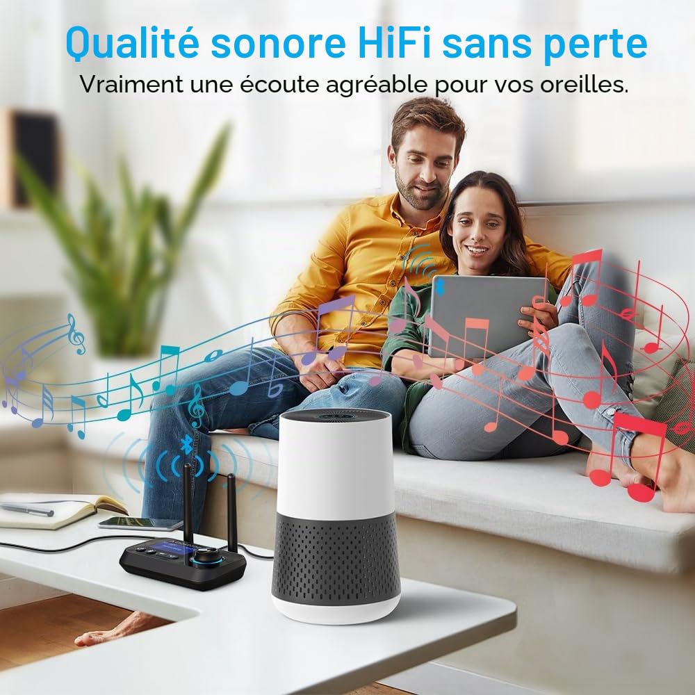 Émetteur Récepteur Bluetooth 3 en 1 avec Double Connexion Adaptateur Audio Bluetooth 5.3 Transmetteur Receveur Bypass avec RCA/Optique/AUX Contrôle du Volume vers TV, Stéréo, Écouteurs