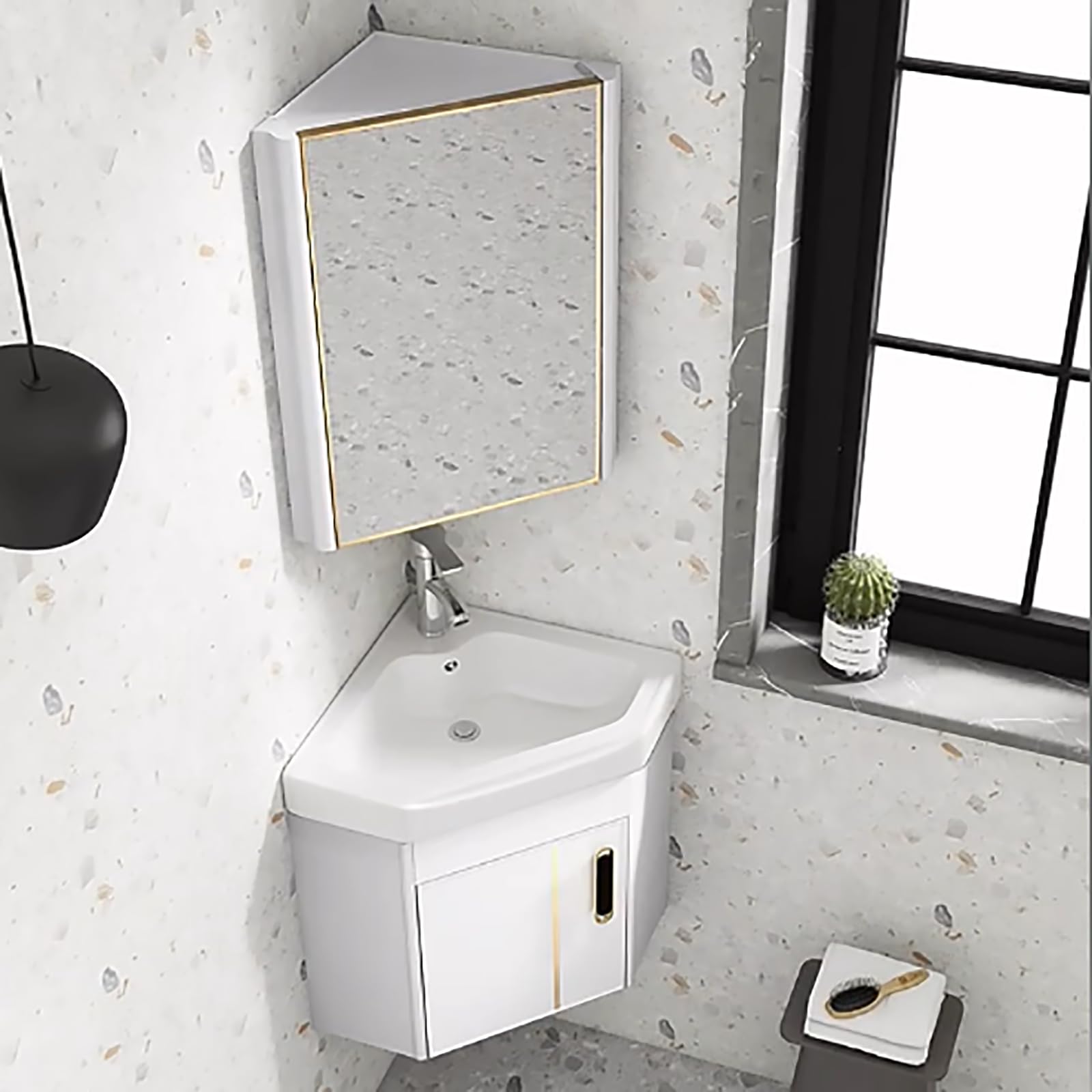 HCZKIUJY Corner Bathroom Vanity Cabinet and Sink, Bathroom Vanity with Sink and Mirror Cabinet, Wall Bathroom Sink Cabinet, for Small Space Wall Mounted Floating Cabinet (Bianco-43cm/17)
