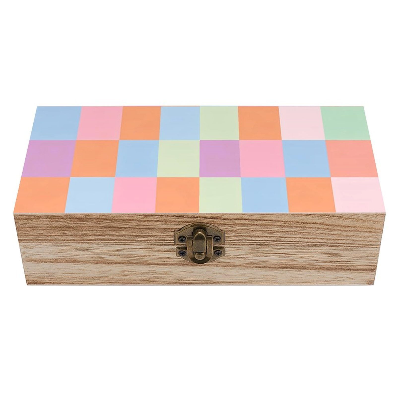 SMAZDFXX Bright Rainbow Colorful Plaid Wooden Storage Box With Hinged Lid Decorative Front Clasp Keepsake Boxes