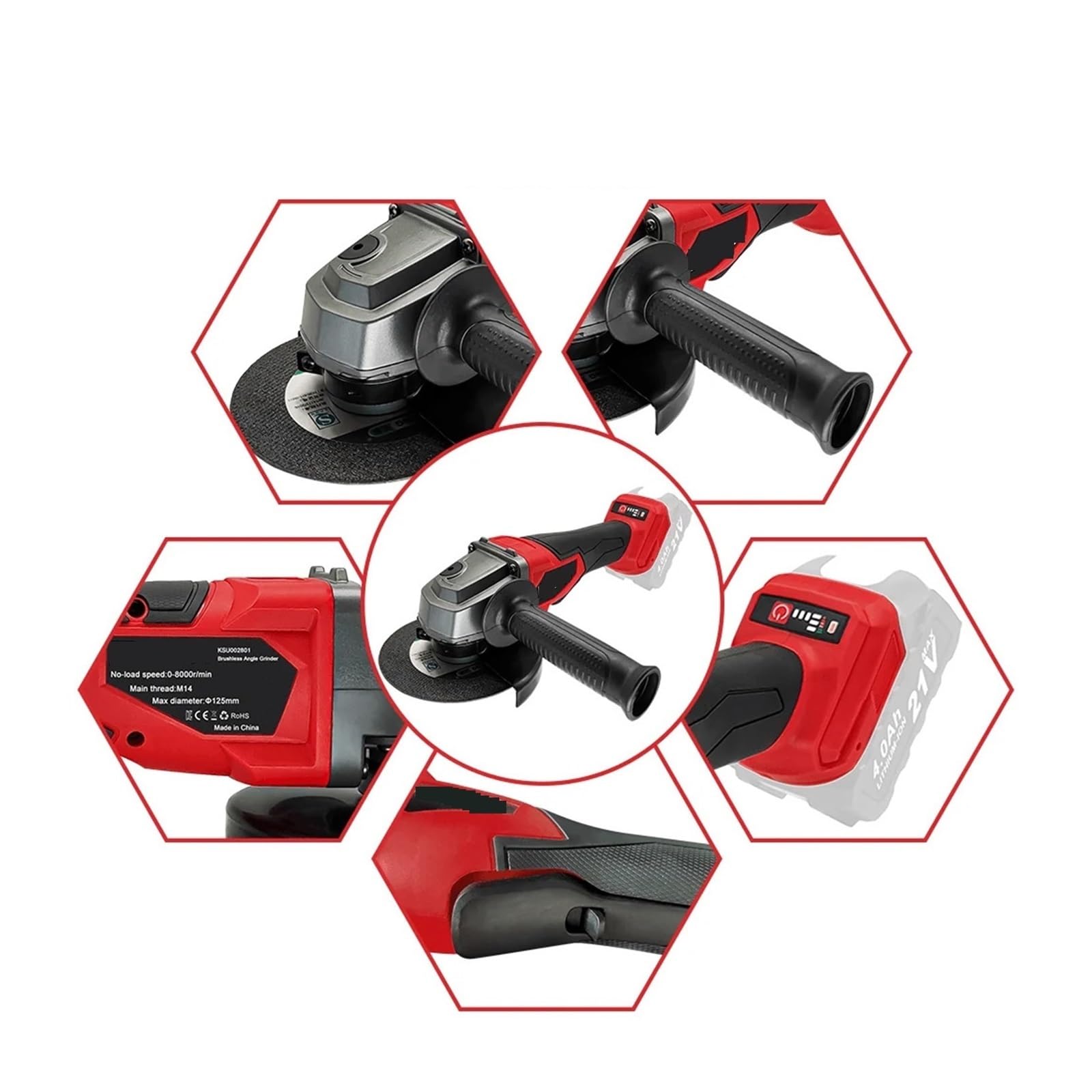 Smerigliatrice elettrica, 125MM M14 Smerigliatrice angolare elettrica senza spazzole Macchina da taglio a velocità variabile Rettifica utensile elettrico batteria 18V (senza batteria)