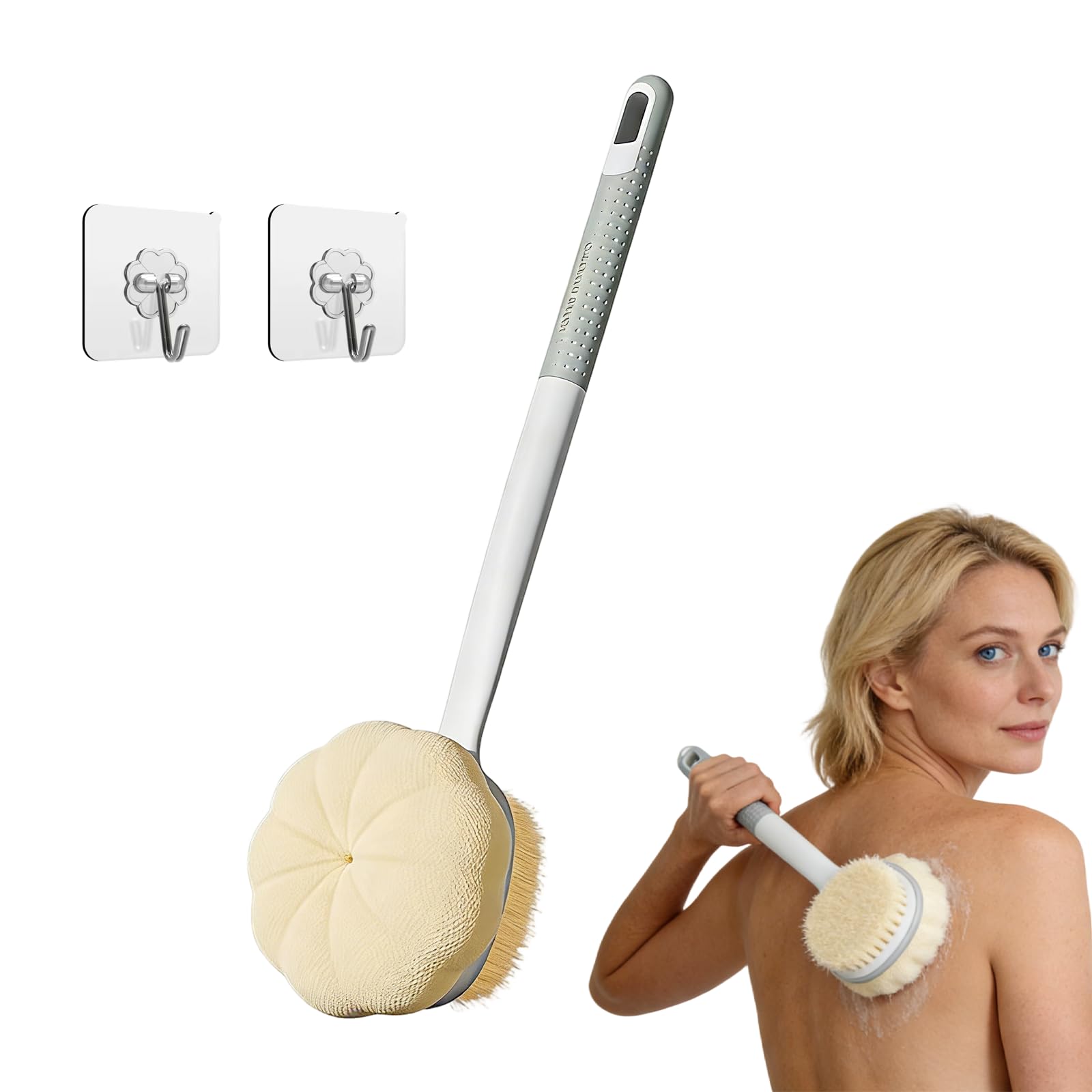 2-in-1 Duschbürste 40cm Stiel-Duschschwamm & Rücken Peelingbürste,Entfernt abgestorbene Haut, fördert Lymphe. Inkl. 2 Haken,Grau