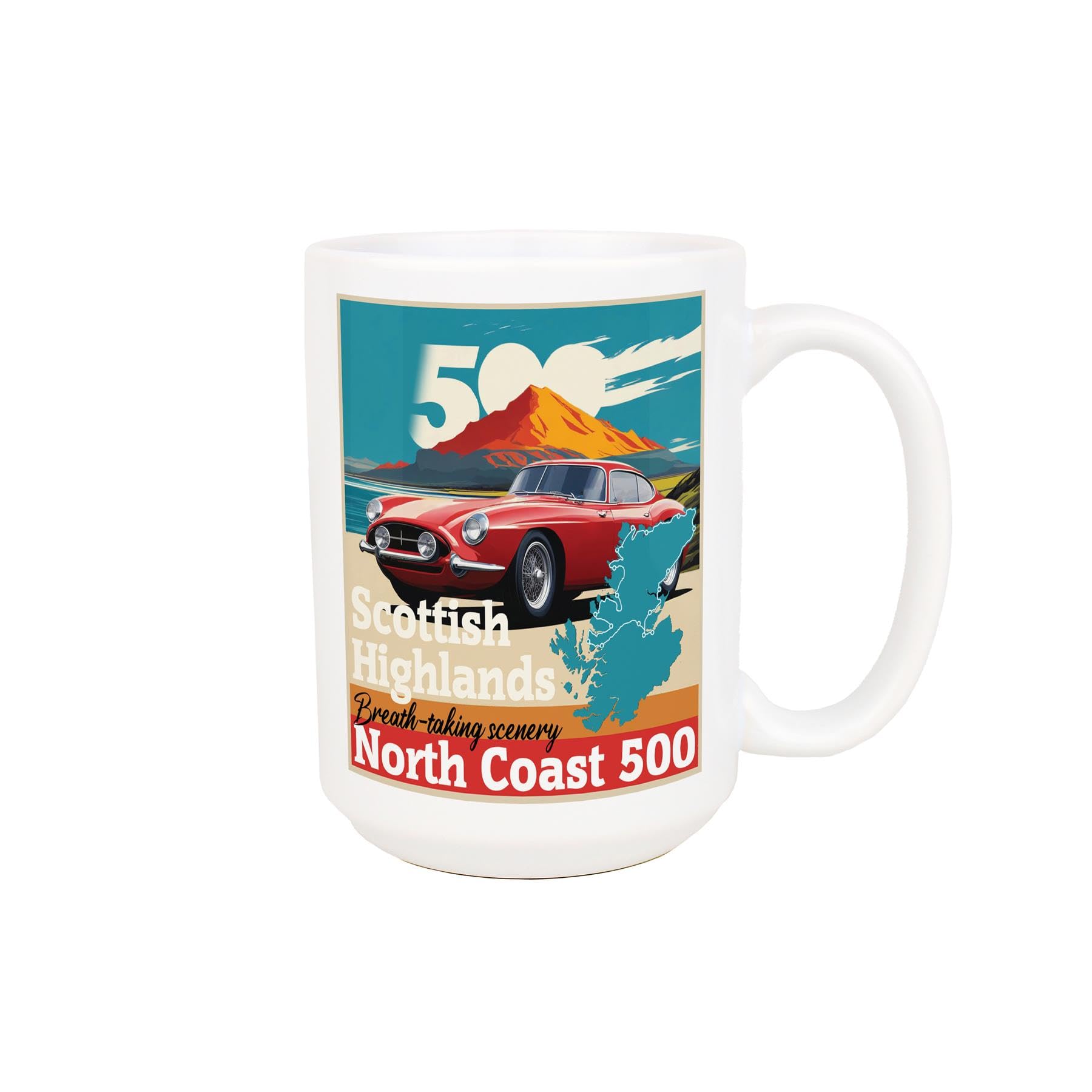 Purely Home Retro NC500 Mug - Scottish Highlands North Coast 500 Gifts for Car Fans - Large 500ml Ceramic White Cup Present